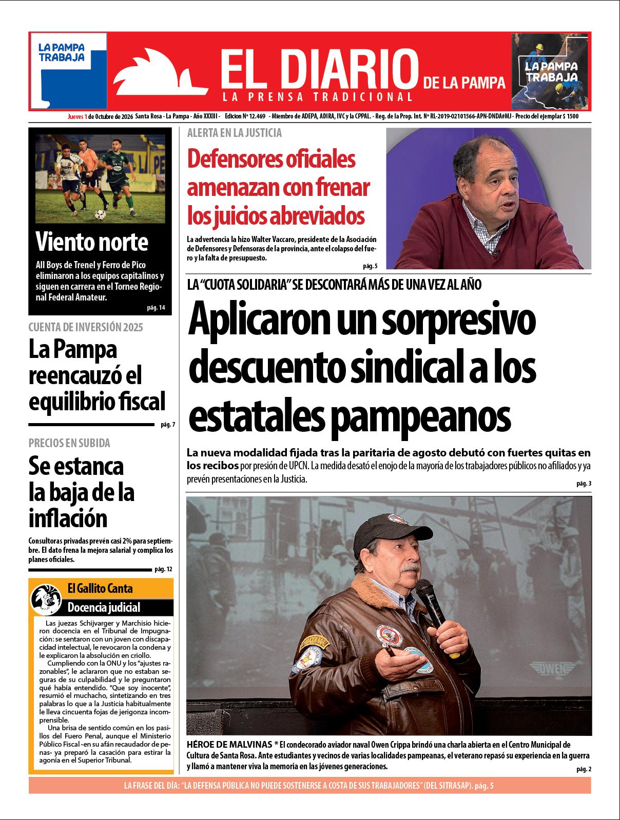 Tapa de El Diario en papel  jueves 01 de octubre de 2026
